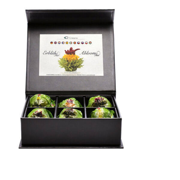 Erblüh-Tee-Blumen Grün. 6er-Set. Magnetbox mit Silberprägung.