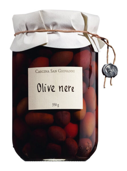 Schwarze Oliven in Salzlake »Olive nere«.