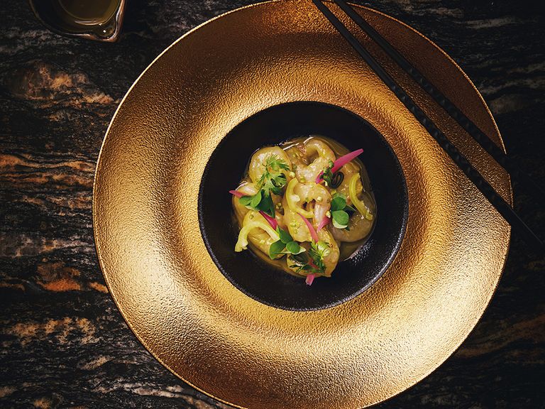 Garnelen-Ceviche mit Zwiebel un Gurke. Garnelen-Ceviche mit Zwiebel und Gurke