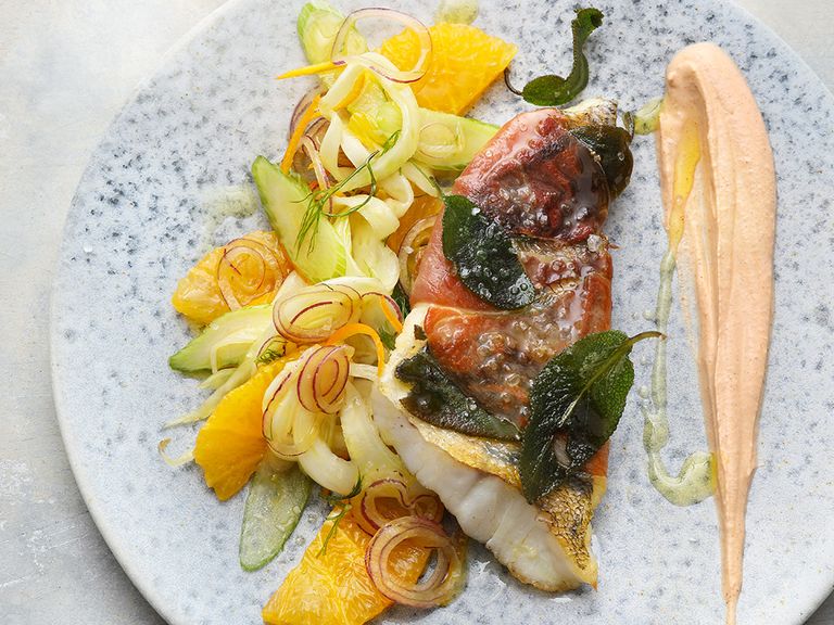 Saltimbocca vom Zander auf Orangen-Fenchel-Salat mit Harissa-Joghurt saltimbocca-vom-zander-auf-orangen-fenchel-salat-mit-harissa-joghurt