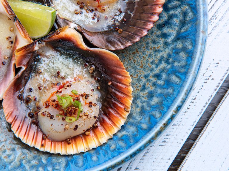 Gegrillte Jakobsmuscheln mit Butter, Quinoa Pop, Knoblauch, Limette nikkei-kueche