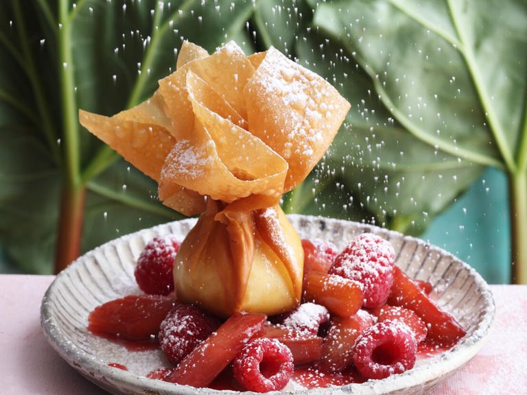 Die veganen Mini-Strudel auf Rhabarber-Himbeerragout sind das perfekte Dessert. Rhabarber-Mini-Strudel-Kokos