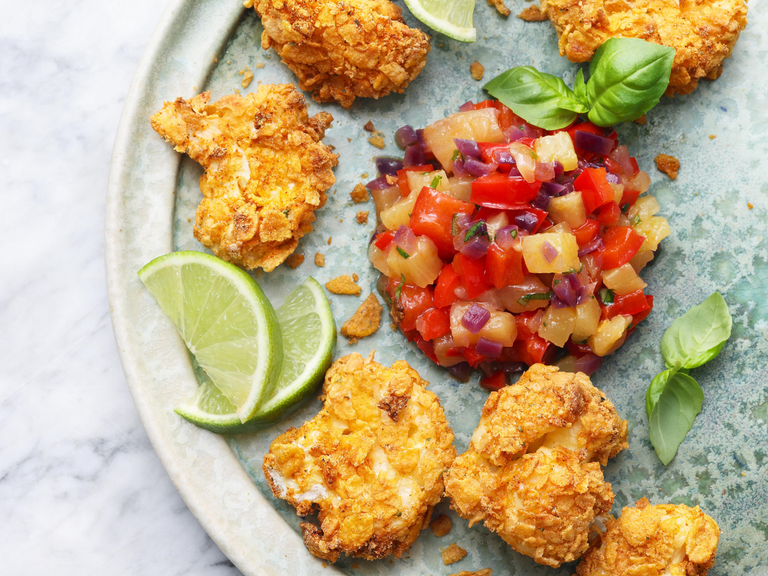 Airfryer-Rezept für Blumenkohl-Mais-Fritters mit Paprika-Ananas-Chutney. Airfryer