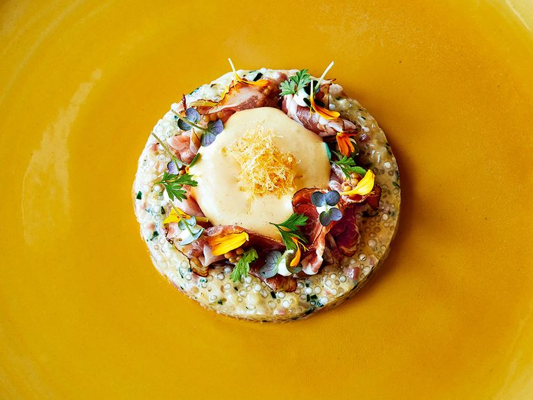 Das Meisterstück Schinken-Tapioka mit Senf-Hollandaise kommt vom Koch Simon Schlachter. Schinken-Tapioka mit Senf-Hollandaise