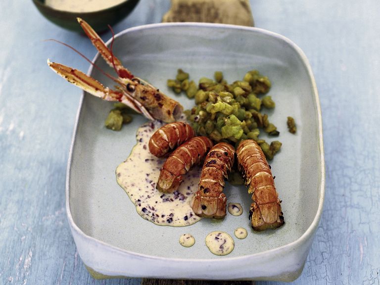 Langustinen mit Auberginen und Oliven-Fenchel-Creme Grassoise-Jalag : Schardt, Wolfgang Langustinen mit Auberginen und Oliven-Fenchel-Creme Grassoise-Jalag : Schardt, Wolfgang