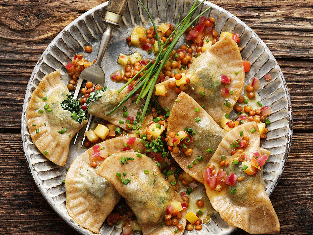 Südtiroler Schlutzkrapfen mit lauwarmer Linsen‑Apfel‑Vinaigrette
