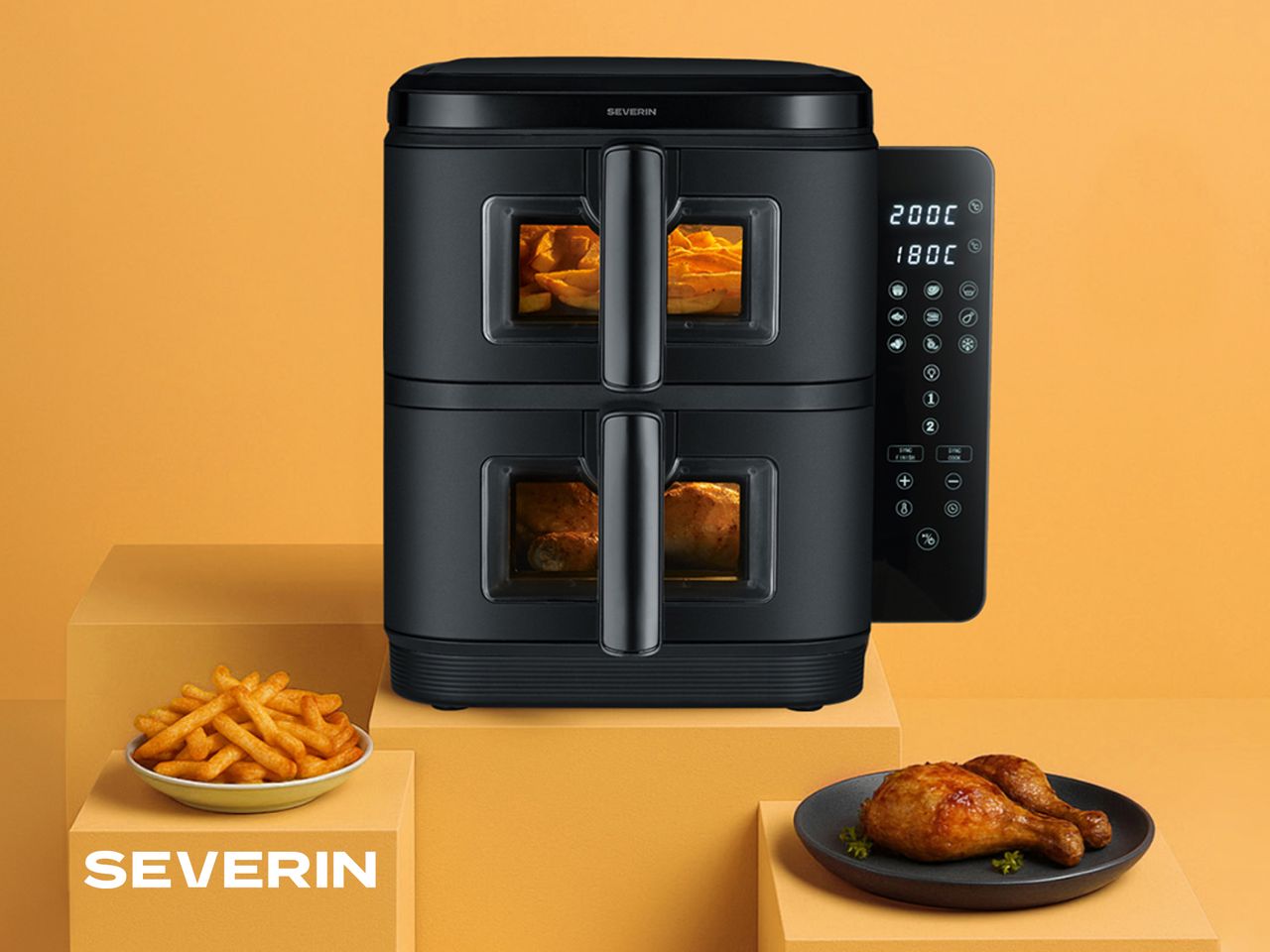 Heißluftfriteuse Severin in schwarz. Zwei Ebenen. Unendliche Möglichkeiten.