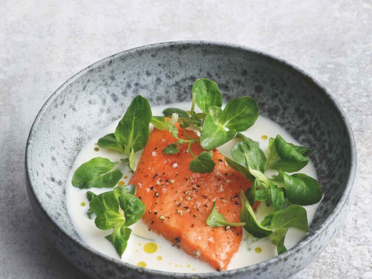 Buttermilch-Dashi zu sous-vide gegartem Saibling und Feldsalat